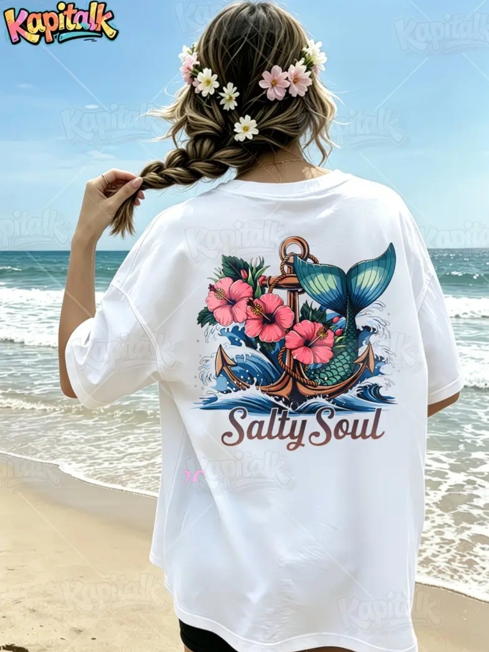 " Salty Soul " White Tee with Mermaid Anchor